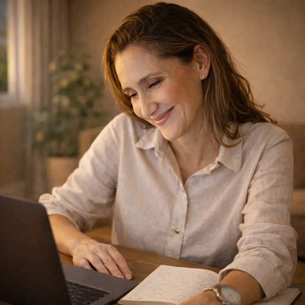 Guaciara olhando para o notebook com expressão de satisfação — o documento está pronto