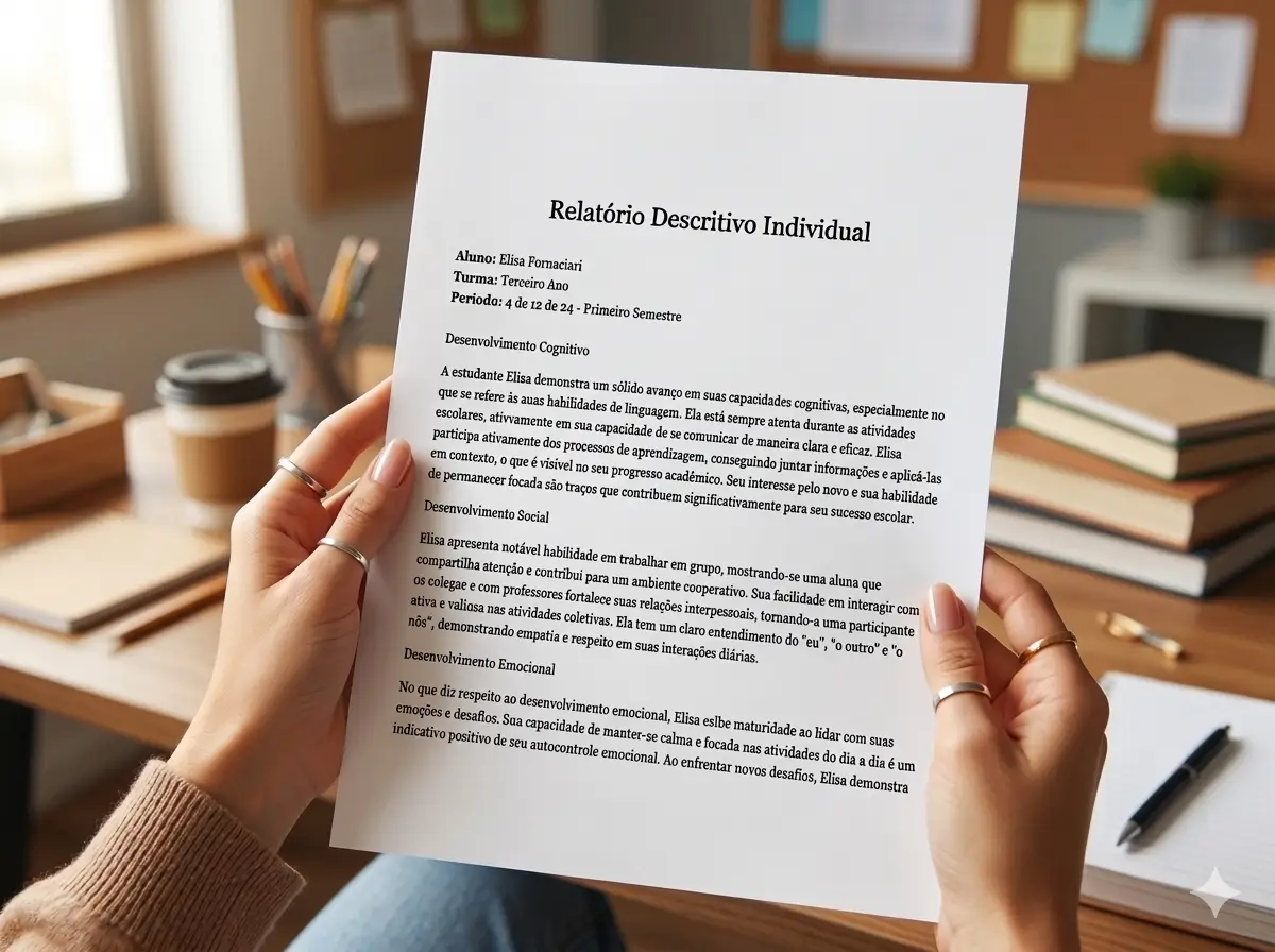 Mãos segurando o relatório finalizado — documento profissional pronto para usar