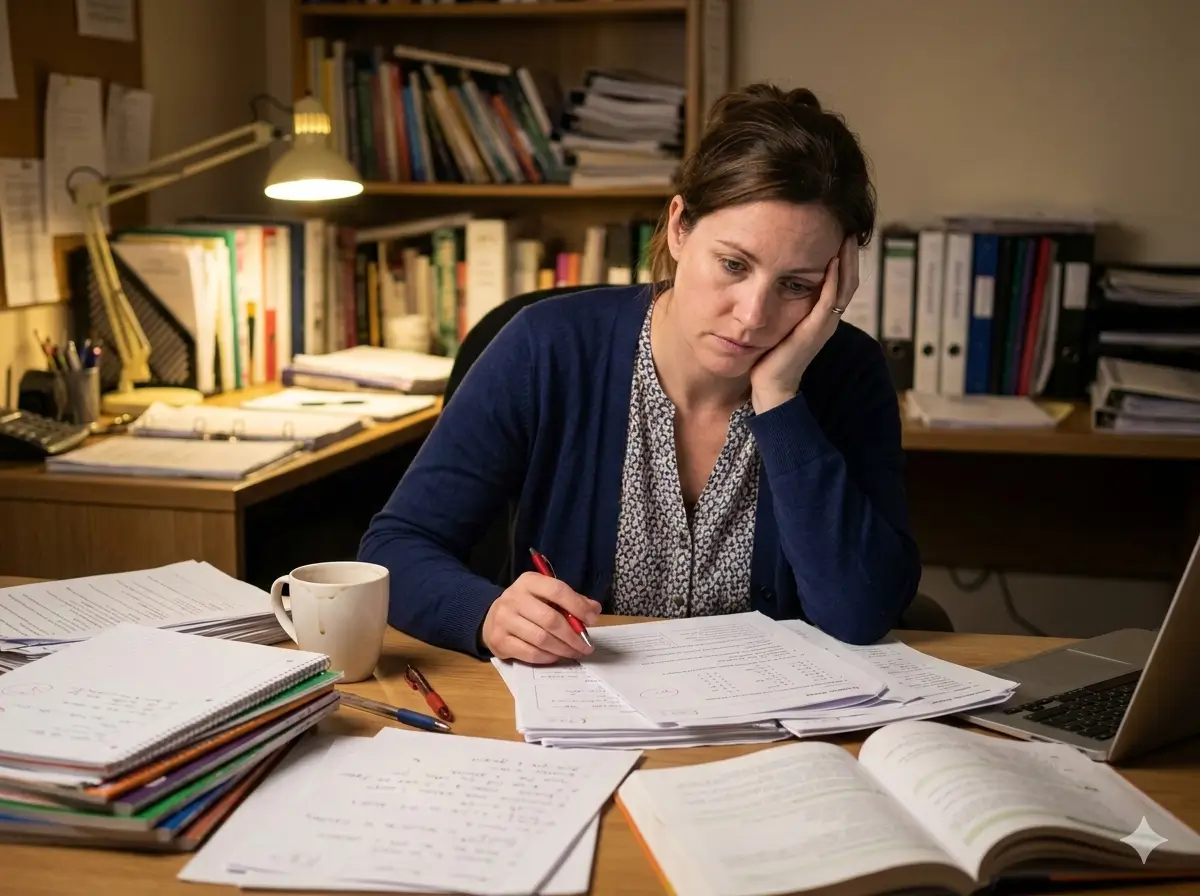 Professora à mesa, à noite, papéis espalhados — cansaço cotidiano